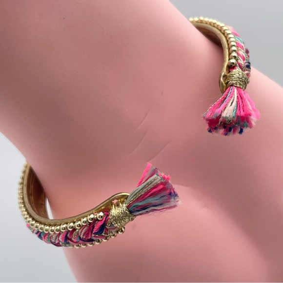 Cute Stella & Dot Pink Braided Tassel Gold-Tone Cuff Bracelet - Picture 7 of 8